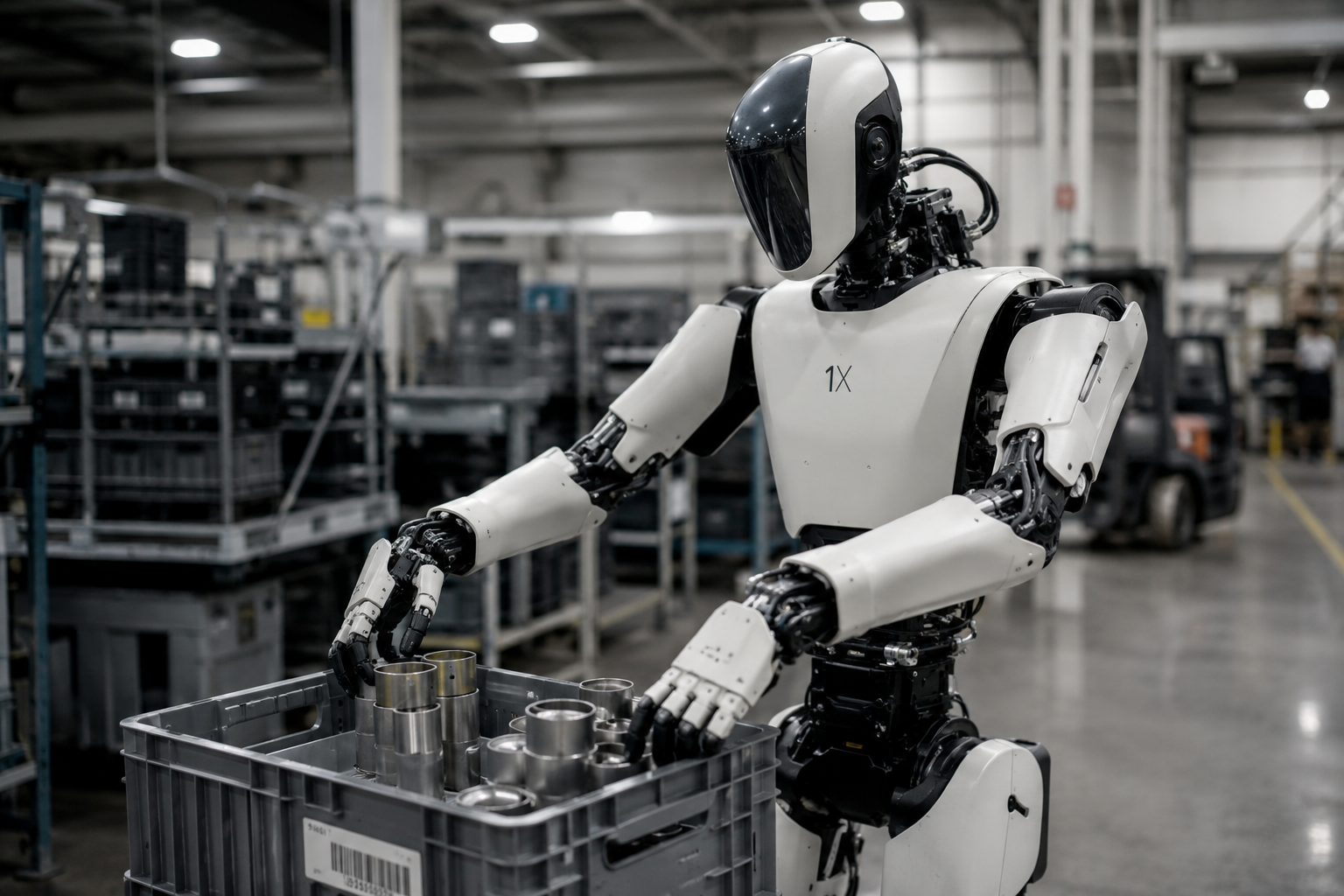 1X Technologies humanoid robot performing warehouse pick-and-place operations