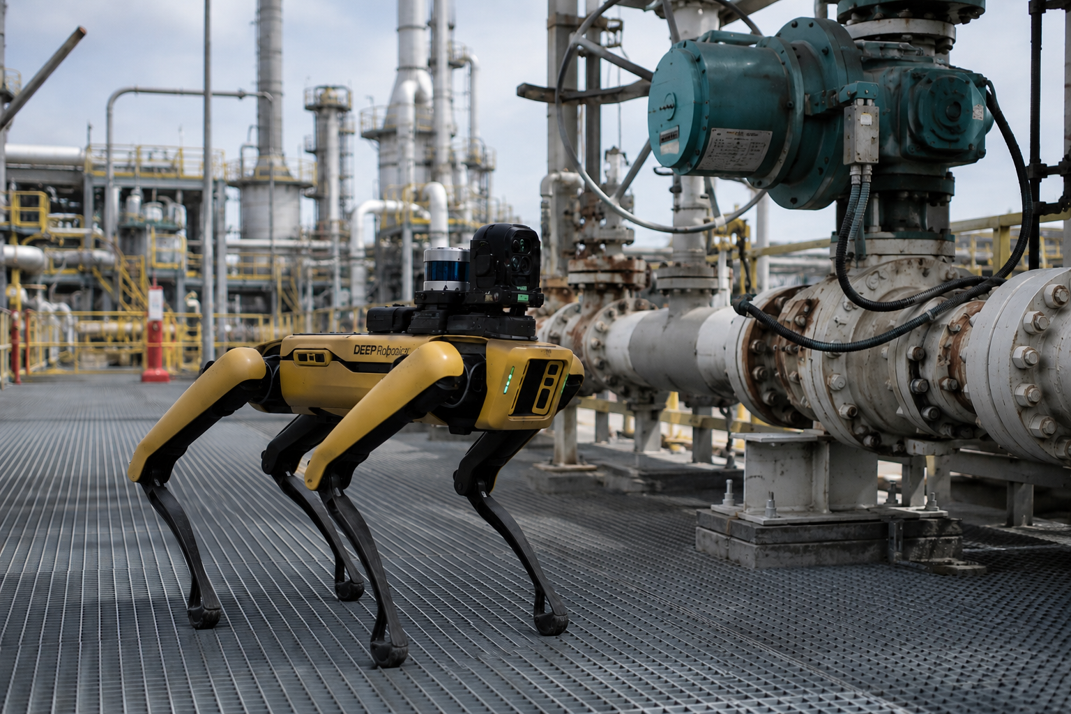 DEEP Robotics quadruped robot inspecting industrial refinery pipeline infrastructure