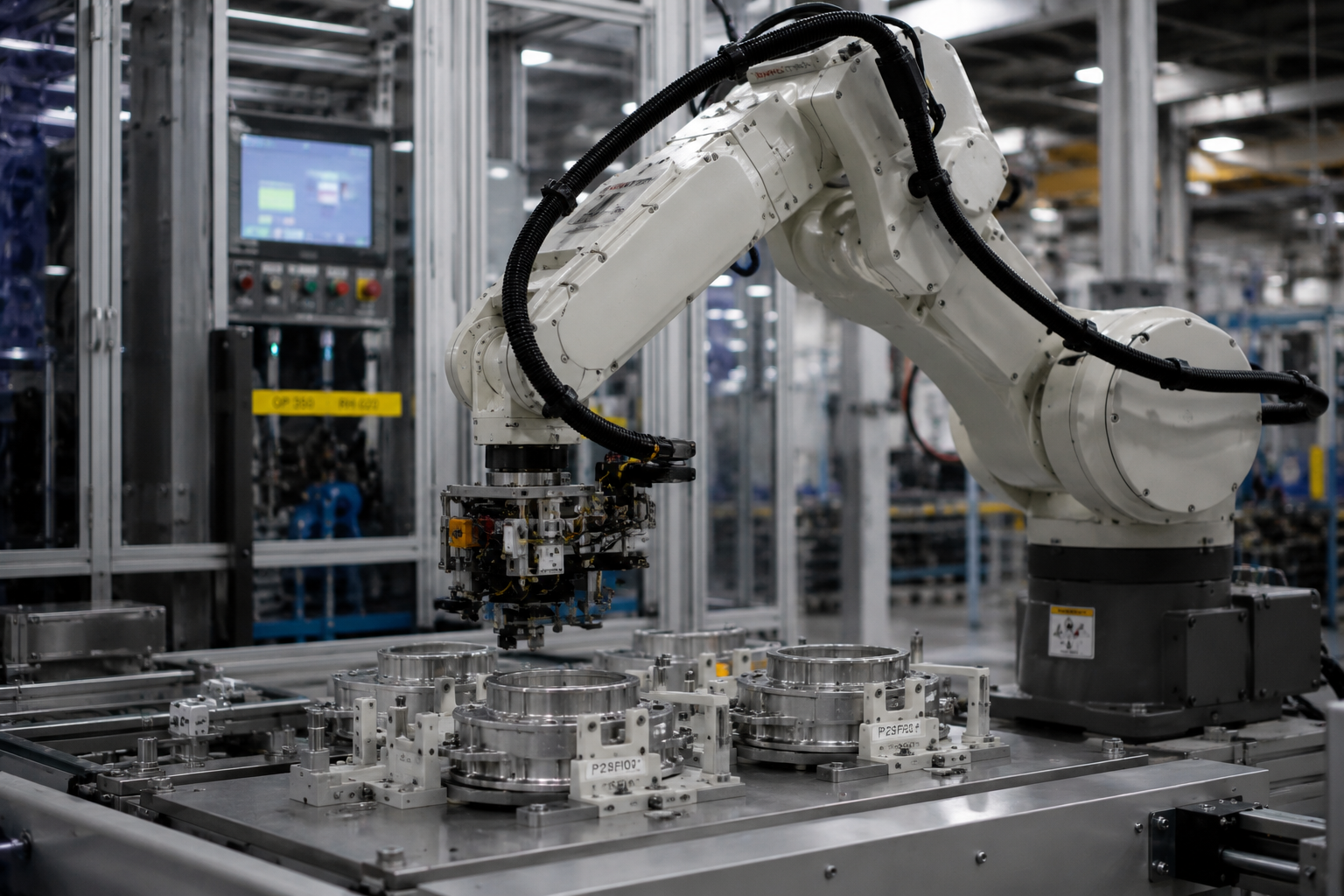 Industrial robotic arm performing precision manufacturing assembly operations